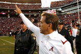 TUSCALOOSA, AL - OCTOBER 24:  Head coach Nick Saban of the Alabama Crimson Tide celebrates after their 12-10 win over the Tennessee Volunteers at Bryant-Denny Stadium on October 24, 2009 in Tuscaloosa, Alabama.  (Photo by Kevin C. Cox/Getty Images)