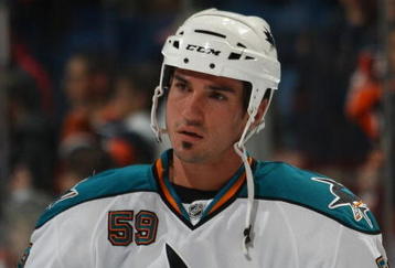 UNIONDALE, NY - OCTOBER 17:  Brad Staubitz #59 of the San Jose Sharks skates against the New York Islanders at the Nassau Coliseum on October 17, 2009 in Uniondale, New York.  (Photo by Bruce Bennett/Getty Images)