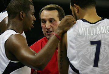 MACAU, CHINA - AUGUST 01:  Head coach Mike Krzyzewski talks with Chris Paul #13 and Deron Williams #7 of the USA Basketball Men's Senior National Team during the USA Basketball International Challenge exhibition game against the Turkey National Team at the Coati Strip Cotai Arena August 1, 2008 in Macau, China.  (Photo by MN Chan/Getty Images)