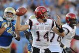 PASADENA, CA - SEPTEMBER 05:   Ryan Lindley #14 of the San Diego State Aztecs looks to pass the ball during the game against the UCLA Bruins at The Rose Bowl on September 5, 2009 in Pasadena, California.  (Photo by Lisa Blumenfeld/Getty Images)