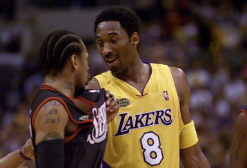 8 Jun 2001:  Allen Iverson #3 of the Philadelphia 76ers argues with Kobe Bryant #8 of the Los Angeles Lakers during Game 2 of the NBA Finals at the Staples Center in Los Angeles, California.  The Lakers defeated the 76ers 98-89.  DIGITAL IMAGE Mandatory Credit: Jed Jacobsohn/ALLSPORT  NOTE TO USER: It is expressly understood that the only rights Allsport are offering to license in this Photograph are one-time, non-exclusive editorial rights. No advertising or commercial uses of any kind may be made of Allsport photos.  User acknowledges that it is aware that Allsport is an editorial sports agency and that NO RELEASES OF ANY TYPE ARE OBTAINED from the subjects contained in the photographs.