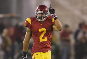 LOS ANGELES - NOVEMBER 29:  Taylor Mays #2 of the USC Trojans gestures as he lines up against the Notre Dame Fighting Irish on November 29, 2008 at the Los Angeles Memorial Coliseum in Los Angeles, California.  USC won 38-3.  (Photo by Jeff Golden/Getty Images)