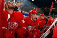 DETROIT - NOVEMBER 3:  Henrik Zetterberg #40 and Pavel Datsyuk #13 of the Detroit Red Wings look on during the game against the Boston Bruins on November 3, 2009 at Joe Louis Arena in Detroit, Michigan. (Photo by Gregory Shamus/Getty Images)