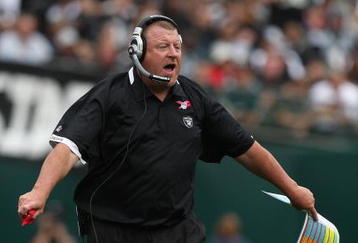 OAKLAND, CA - OCTOBER 18:  Head coach Tom Cable of the Oakland Raiders looks on against the Philadelphia Eagles during an NFL game at the Oakland-Alameda County Coliseum on October 18, 2009 in Oakland, California.  (Photo by Jed Jacobsohn/Getty Images)