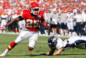 KANSAS CITY - SEPTEMBER 28:  Jamaal Charles #25 of the Kansas City Chiefs carries the ball during the game against the Denver Broncos on September 28, 2008 at Arrowhead Stadium in Kansas City, Missouri. The Chiefs defeated the Broncos 33-19.  (Photo by: Jamie Squire/Getty Images)