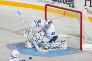 BUFFALO, NY - OCTOBER 30:  Goalie Jonas Gustavsson #50 of the Toronto Maple Leafs stops the puck against the Buffalo Sabres at HSBC Arena on October 30, 2009 in Buffalo, New York. (Photo by Rick Stewart/Getty Images)
