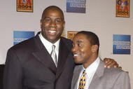 LOS ANGELES - FEBRUARY 12: Former NBA players and good friends, Magic Johnson and Isiah Thomas attend 'A Tribute to Magic Johnson - The official tip-off to NBA All-Star 2004 Entertainment' on February 12, 2004 at the Shrine Auditorium, in Los Angeles, California. (Photo by Vince Bucci/Getty Images)