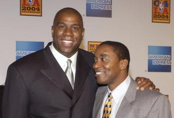 LOS ANGELES - FEBRUARY 12:  Former NBA players and good friends, Magic Johnson and Isiah Thomas attend 'A Tribute to Magic Johnson - The official tip-off to NBA All-Star 2004 Entertainment' on February 12, 2004 at the Shrine Auditorium, in Los Angeles, California. (Photo by Vince Bucci/Getty Images)