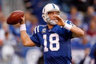 INDIANAPOLIS - NOVEMBER 01:  Peyton Manning #18 of the Indianapolis Colts throws a pass during the NFL game against the San Francisco 49ers at Lucas Oil Stadium on November 1, 2009 in Indianapolis, Indiana.  (Photo by Andy Lyons/Getty Images)