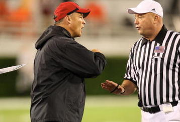 ATHENS, GA - SEPTEMBER 26: Head Coach Mark Richt of the Georgia Bulldogs disputes a call with a referee during the game against the Arizona State Sun Devils at Sanford Stadium on September 26, 2009 in Athens, Georgia. (Photo by Scott Cunningham/Getty Images)