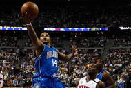 AUBURN HILLS, MI - MAY 13: Jameer Nelson #14 of the Orlando Magic drives for a shot attempt against Rodney Stuckey #3 of the Detroit Pistons in Game Five of the Eastern Conference Semifinals during the 2008 NBA Playoffs at the Palace of Auburn Hills in Auburn Hills, Michigan. NOTE TO USER: User expressly acknowledges and agrees that, by downloading and or using this photograph, User is consenting to the terms and conditions of the Getty Images License Agreement. (Photo by Gregory Shamus/Getty Images)