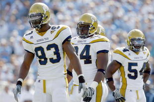 CHAPEL HILL, NC - NOVEMBER 08: Elris Anyaibe #94 of the Georgia Tech Yellow Jackets stands on the field with Michael Johnson #93 and Sedric Griffin #54 during the game against the North Carolina Tar Heels at Kenan Stadium on November 8, 2008 in Chapel Hill, North Carolina. (Photo by Kevin C. Cox/Getty Images)