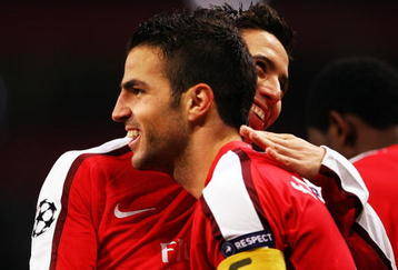 LONDON, ENGLAND - NOVEMBER 04:  Cesc Fabregas of Arsenal celebrates scoring his second and the teams the third goal of the game with Samir Nasri during the UEFA Champions League Group H match between Arsenal and AZ Alkmaar at the Emirates Stadium on November 4, 2009 in London, England.  (Photo by Phil Cole/Getty Images)