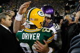 GREEN BAY, WI - NOVEMBER 1: Quarterback Brett Favre #4 of the Minnesota Vikings hugs a Donald Driver #80 of the Green Bay Packers at Lambeau Field on November 1, 2009 in Green Bay, Wisconsin. The Vikings defeated the Packers 38-26. (Photo by Scott Boehm/Getty Images)