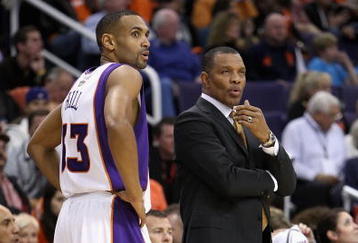 PHOENIX - OCTOBER 30:  Head coach Alvin Gentry and Grant Hill #3 of the Phoenix Suns during the NBA game against the Golden State Warriors at US Airways Center on October 30, 2009 in Phoenix, Arizona. The Suns defeated the Warriors 123-101. NOTE TO USER: User expressly acknowledges and agrees that, by downloading and or using this photograph, User is consenting to the terms and conditions of the Getty Images License Agreement.  (Photo by Christian Petersen/Getty Images)