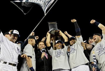 NEW YORK - NOVEMBER 04:  The New York Yankees celebrate after their 7-3 win against the Philadelphia Phillies in Game Six of the 2009 MLB World Series at Yankee Stadium on November 4, 2009 in the Bronx borough of New York City.  (Photo by Pool/Getty Images)