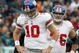 PHILADELPHIA - NOVEMBER 01:  Eli Manning #10 and Chris Snee #76 of the New York Giants stand on the field against the Philadelphia Eagles on November 1, 2009 at Lincoln Financial Field in Philadelphia, Pennsylvania.  (Photo by Jim McIsaac/Getty Images)