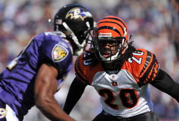 BALTIMORE - OCTOBER 11:  David Jones #20 of the Cincinnati Bengals defends against the Baltimore Ravens at M&T Bank Stadium on October 11, 2009 in Baltimore, Maryland. The Bengals defeated the Ravens 17-14. (Photo by Larry French/Getty Images)