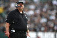 OAKLAND, CA - OCTOBER 18: Head coach Andy Reid of the Philadelphia Eagles looks on against the Oakland Raiders during an NFL game at the Oakland-Alameda County Coliseum on October 18, 2009 in Oakland, California. (Photo by Jed Jacobsohn/Getty Images)