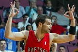EAST RUTHERFORD, NJ - MAY 04:  Jose Calderon #8 of the Toronto Raptors reacts after a three pointer against the New Jersey Nets in Game Six of the Eastern Conference Quarterfinals during the 2007 NBA Playoffs on May 4, 2007 at the Continental Airlines Arena at the Meadowlands in East Rutherford, New Jersey. NOTE TO USER: User expressly acknowledges and agrees that, by downloading and or using this photograph, User is consenting to the terms and conditions of the Getty Images License Agreement.  (Photo by Jim McIsaac/Getty Images)