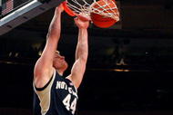 NEW YORK - MARCH 11:  Luke Harangody #44 of the Notre Dame Fighting Irish dunks the ball against the West Virginia Mountaineers during the second round of the Big East Tournament at Madison Square Garden on March 11, 2009 in New York City.  (Photo by Jim McIsaac/Getty Images)