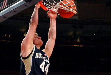 NEW YORK - MARCH 11:  Luke Harangody #44 of the Notre Dame Fighting Irish dunks the ball against the West Virginia Mountaineers during the second round of the Big East Tournament at Madison Square Garden on March 11, 2009 in New York City.  (Photo by Jim McIsaac/Getty Images)