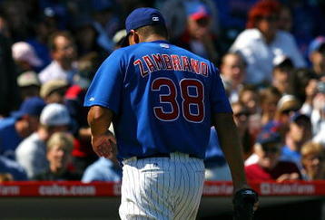 CHICAGO - AUGUST 30: Starting pitcher Carlos Zambrano #38 of the Chicago Cubs walks to the dugout after beiong removed from a game against the New York Mets in the 4th inning on August 30, 2009 at Wrigley Field in Chicago, Illinois. The Mets defeated the Cubs 4-1. (Photo by Jonathan Daniel/Getty Images)