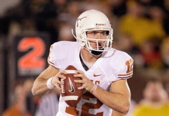 COLUMBIA, MO - OCTOBER 24:  Quarterback Colt McCoy #12 of the Texas Longhorns looks to pass the ball during the game against the Missouri Tigers on October 24, 2009 at Faurot Field/Memorial Stadium in Columbia, Missouri. (Photo by Jamie Squire/Getty Images)