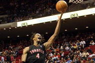 ORLANDO, FL - NOVEMBER 18:  Chris Bosh #4 of the Toronta Raptors scores during a game against the Orlando Magic on November 18, 2008 at Amway Arena in Orlando, Florida.  NOTE TO USER: User expressly acknowledges and agrees that, by downloading and/or using this Photograph, user is consenting to the terms and conditions of the Getty Images License Agreement.  (Photo by Sam Greenwood/Getty Images)