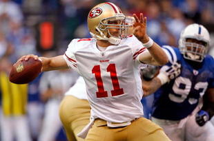 INDIANAPOLIS - NOVEMBER 01:  Alex Smith #11 of the San Francisco 49ers throws a pass during the NFL game against  the Indianapolis Colts  at Lucas Oil Stadium on November 1, 2009 in Indianapolis, Indiana. The Colts won 18-14.  (Photo by Andy Lyons/Getty Images)