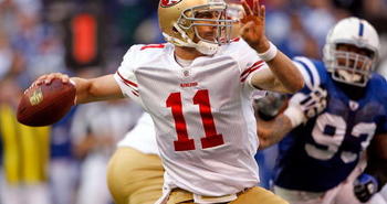 INDIANAPOLIS - NOVEMBER 01:  Alex Smith #11 of the San Francisco 49ers throws a pass during the NFL game against  the Indianapolis Colts  at Lucas Oil Stadium on November 1, 2009 in Indianapolis, Indiana. The Colts won 18-14.  (Photo by Andy Lyons/Getty Images)