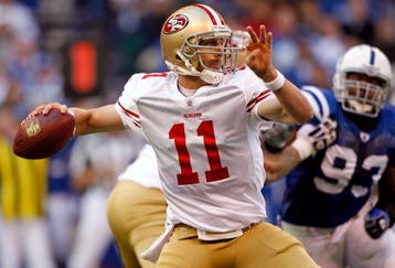 INDIANAPOLIS - NOVEMBER 01:  Alex Smith #11 of the San Francisco 49ers throws a pass during the NFL game against  the Indianapolis Colts  at Lucas Oil Stadium on November 1, 2009 in Indianapolis, Indiana. The Colts won 18-14.  (Photo by Andy Lyons/Getty Images)