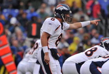 BALTIMORE - NOVEMBER 1:  Kyle Orton #8 of the Denver Broncos audibles during the game against the Baltimore Ravens at M&T Bank Stadium on November 1, 2009 in Baltimore, Maryland. The Ravens defeated the Broncos 30-7. (Photo by Larry French/Getty Images)