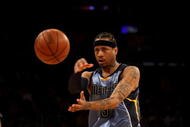 LOS ANGELES, CA - NOVEMBER 06:  Allen Iverson #3 of the Memphis Grizzlies throws a pass against the Los Angeles Lakers on November 6, 2009 at Staples Center in Los Angeles, California. The Lakers won 114-98.  NOTE TO USER: User expressly acknowledges and agrees that, by downloading and/or using this Photograph, user is consenting to the terms and conditions of the Getty Images License Agreement.  (Photo by Stephen Dunn/Getty Images)
