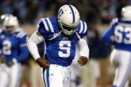 DURHAM, NC - NOVEMBER 29: Quarterback Thaddeus Lewis #9 of the Duke Blue Devils trotts off the field after a short offensive series against the North Carolina Tar Heels during the game at Wallace Wade Stadium on November 29, 2008 in Durham, North Carolina. (Photo by Kevin C. Cox/Getty Images)
