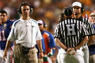 BATON ROUGE, LA - OCTOBER 06: Head coach Urban Meyer of the Florida Gators waits to hear a ruling on a challenged call from referee Steve Shaw against the LSU Tigers at Tiger Stadium on October , 2007 in Baton Rouge, Louisiana. LSU defeated Florida 28-24. (Photo by Doug Benc/Getty Images)