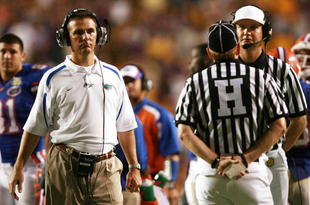 BATON ROUGE, LA - OCTOBER 06:  Head coach Urban Meyer of the Florida Gators waits to hear a ruling on a challenged call from referee Steve Shaw against the LSU Tigers at Tiger Stadium on October , 2007 in Baton Rouge, Louisiana. LSU defeated Florida 28-24.  (Photo by Doug Benc/Getty Images)