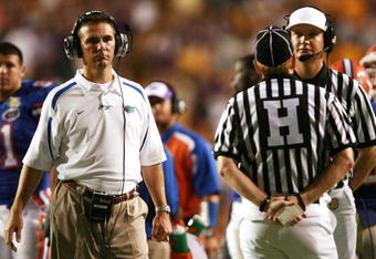 BATON ROUGE, LA - OCTOBER 06:  Head coach Urban Meyer of the Florida Gators waits to hear a ruling on a challenged call from referee Steve Shaw against the LSU Tigers at Tiger Stadium on October , 2007 in Baton Rouge, Louisiana. LSU defeated Florida 28-24.  (Photo by Doug Benc/Getty Images)