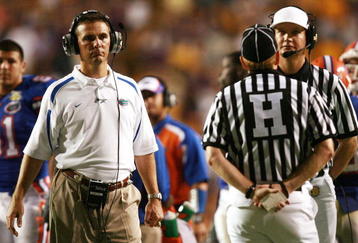 BATON ROUGE, LA - OCTOBER 06:  Head coach Urban Meyer of the Florida Gators waits to hear a ruling on a challenged call from referee Steve Shaw against the LSU Tigers at Tiger Stadium on October , 2007 in Baton Rouge, Louisiana. LSU defeated Florida 28-24.  (Photo by Doug Benc/Getty Images)
