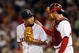 BOSTON - SEPTEMBER 15:  Daisuke Matsuzaka #18 and Jason Varitek #33 of the Boston Red Sox talk in between pitches in the fifth inning against the Los Angeles Angels of Anaheim on September 15, 2009 at Fenway Park in Boston, Massachusetts. The Red Sox defeated the Rays 3-1.  (Photo by Elsa/Getty Images)