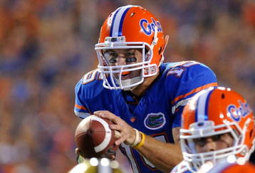 GAINESVILLE, FL - NOVEMBER 7: Quarterback Tim Tebow #15 of the Florida Gators takes a snap against the Vanderbilt Commodores  November 7, 2009 at Ben Hill Griffin Stadium in Gainesville, Florida.  (Photo by Al Messerschmidt/Getty Images)