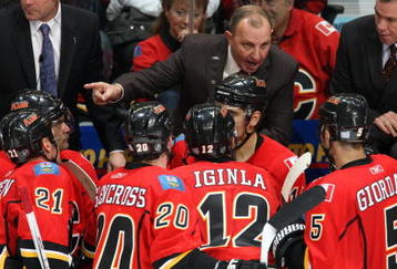 CALGARY, CANADA - OCTOBER 28:  Head Coach Brent Sutter of the Calgary Flames instructs his players during a break in game action against the Colorado Avalanche on October 28, 2009 at the Pengrowth Saddledome in Calgary, Alberta, Canada.  The Avalanche defeated the Flames 3-2. (Photo by Dale MacMillan/Getty Images)