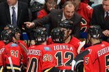 CALGARY, CANADA - OCTOBER 28:  Head Coach Brent Sutter of the Calgary Flames instructs his players during a break in game action against the Colorado Avalanche on October 28, 2009 at the Pengrowth Saddledome in Calgary, Alberta, Canada.  The Avalanche defeated the Flames 3-2. (Photo by Dale MacMillan/Getty Images)
