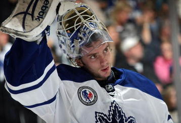 TORONTO, ON - NOVEMBER 07: Jonas Gustavsson #50 of the Toronto Maple Leafs takes a break in his game against the Detroit Red Wings at the Air Canada Centre on November 7, 2009 in Toronto, Canada.  The Maple Leafs defeated the Red Wings 5-1. (Photo by Bruce Bennett/Getty Images)