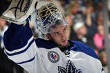 TORONTO, ON - NOVEMBER 07: Jonas Gustavsson #50 of the Toronto Maple Leafs takes a break in his game against the Detroit Red Wings at the Air Canada Centre on November 7, 2009 in Toronto, Canada.  The Maple Leafs defeated the Red Wings 5-1. (Photo by Bruce Bennett/Getty Images)