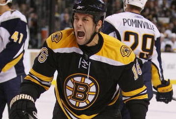 BOSTON - NOVEMBER 07:  Marco Sturm #16 of the Boston Bruins celebrates his goal in the second period against the Buffalo Sabres on November 7, 2009 at the TD Garden in Boston, Massachusetts.  (Photo by Elsa/Getty Images)