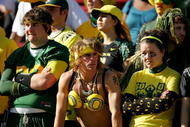 PALO ALTO, CA - NOVEMBER 07:  Oregon Ducks fans look upset during their loss to the Stanford Cardinal at Stanford Stadium on November 7, 2009 in Palo Alto, California.  (Photo by Ezra Shaw/Getty Images)