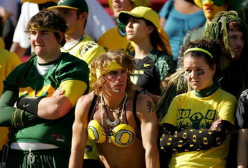 PALO ALTO, CA - NOVEMBER 07:  Oregon Ducks fans look upset during their loss to the Stanford Cardinal at Stanford Stadium on November 7, 2009 in Palo Alto, California.  (Photo by Ezra Shaw/Getty Images)