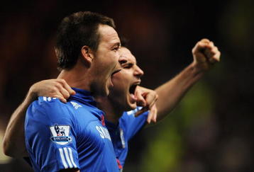 LONDON, ENGLAND - NOVEMBER 08:  John Terry (L) of Chelsea celebrates with teammate Frank Lampard after scoring the opening goal during the Barclays Premier League match between Chelsea and Manchester United at Stamford Bridge on November 8, 2009 in London, England.  (Photo by Shaun Botterill/Getty Images)