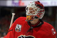 CALGARY, CANADA - OCTOBER 28:  Goaltender Miikka Kiprusoff #34 of the Calgary Flames looks on during a break in game action against the Colorado Avalanche on October 28, 2009 at the Pengrowth Saddledome in Calgary, Alberta, Canada.  The Avalanche defeated the Flames 3-2. (Photo by Dale MacMillan/Getty Images)